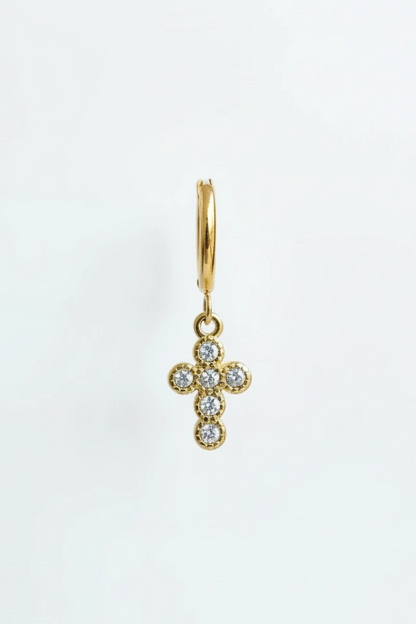Argolas dourada com pendente de cruz cravejada em zircónias