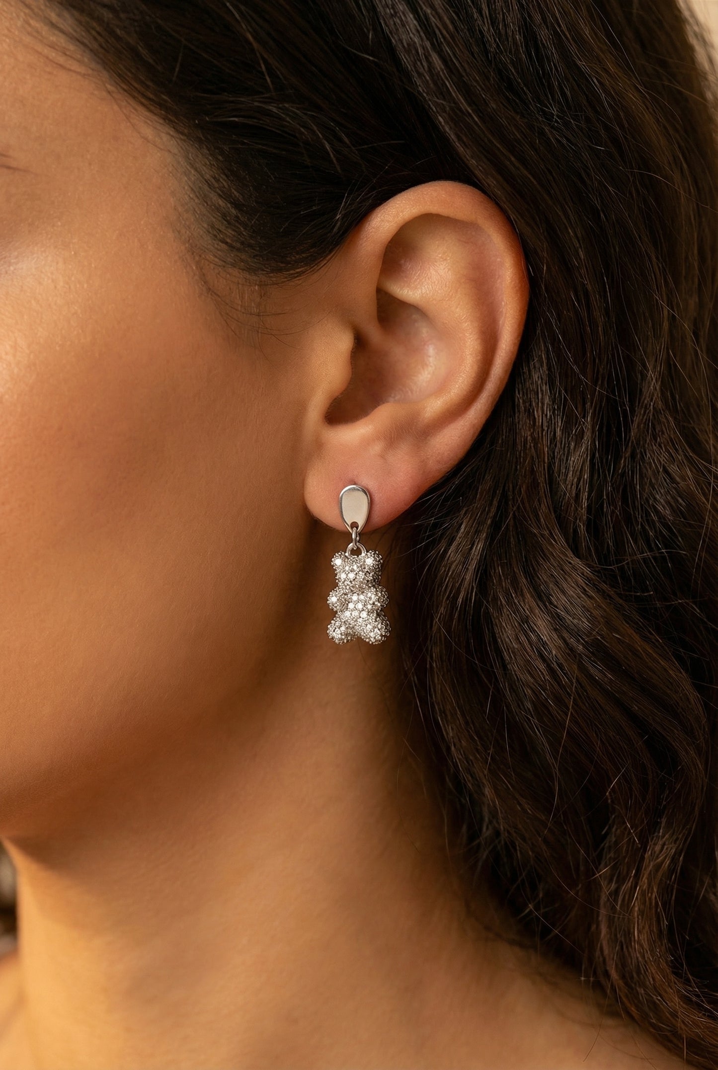 Brincos Urso Madrid em aço inoxidável prateado cravejado com zircónias